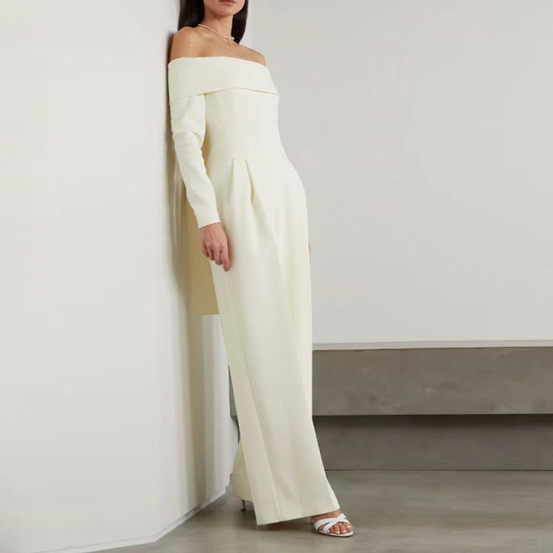 New Autumn Goddess Fan One-Line Collar Jumpsuit Temperament Of The Girl High Waist Slimming Wide-Leg Pants