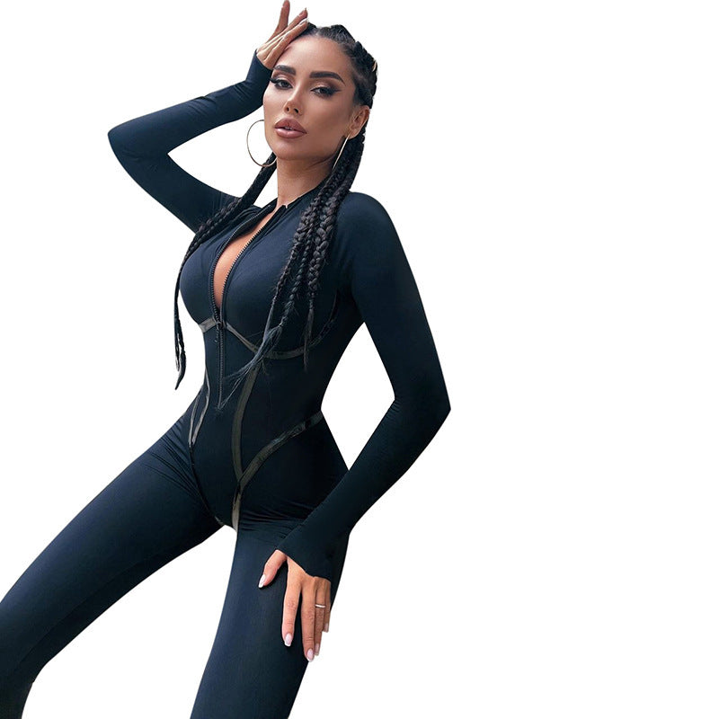 Fashion Sports Leather Ribbon Split Line Long Sleeve Zipper Tight Hip Lift Romper