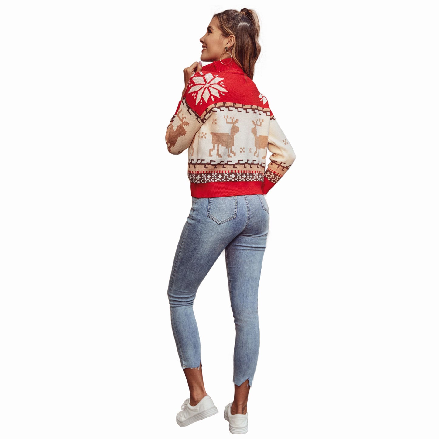Autumn-Winter Fashion Women's Christmas Style Turtleneck Long-Sleeved Regular Knit Sweater