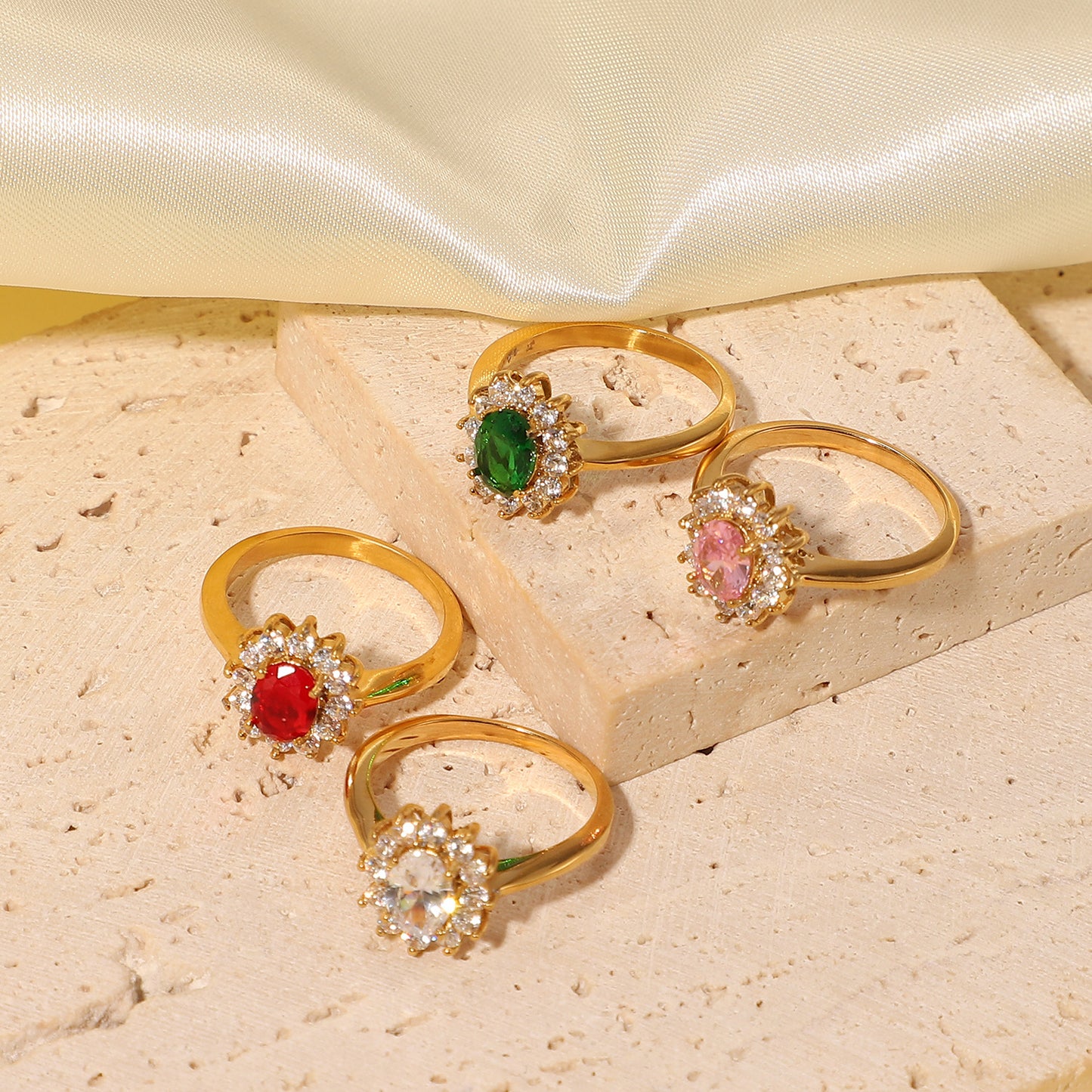 5pcs 18K Gold Plated Double Rough Zircon Ring Stainless Steel Bound Oval Colored Zircon Ring Jewelry Female