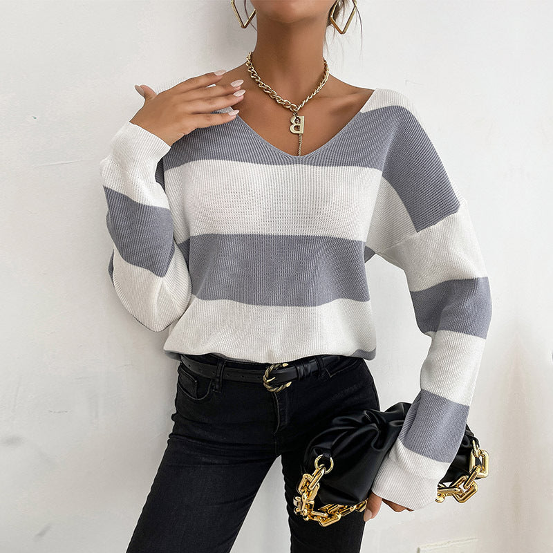 Fashion Women's Autumn Casual Long Sleeve V-Neck Striped Sweater Base