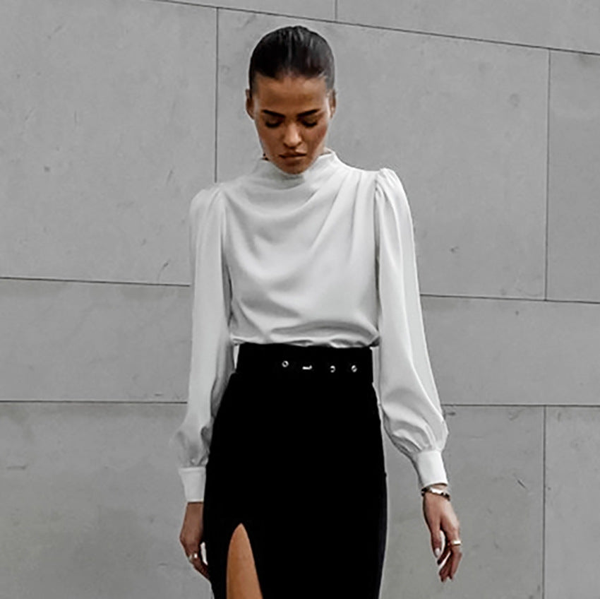 White Thin Soft Matte Color Ding High Neck Pleated Temperament Shirt New Autumn Fashion Women's Wear