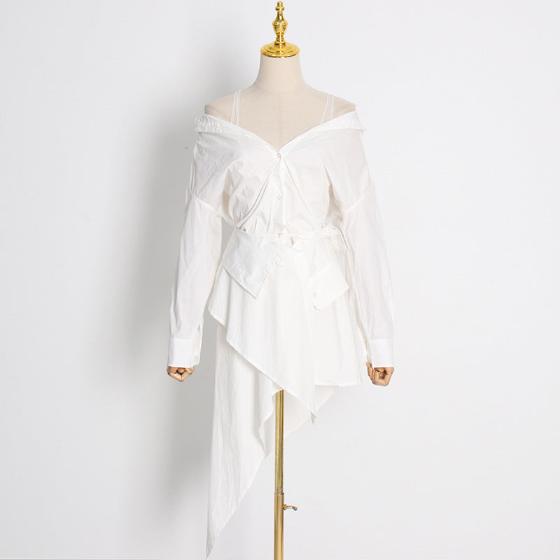 Spring New Fashion Temperament Of The Girl A Line Collar Single Breasted Muslin Patchwork Vest Asymmetrical Dress Female
