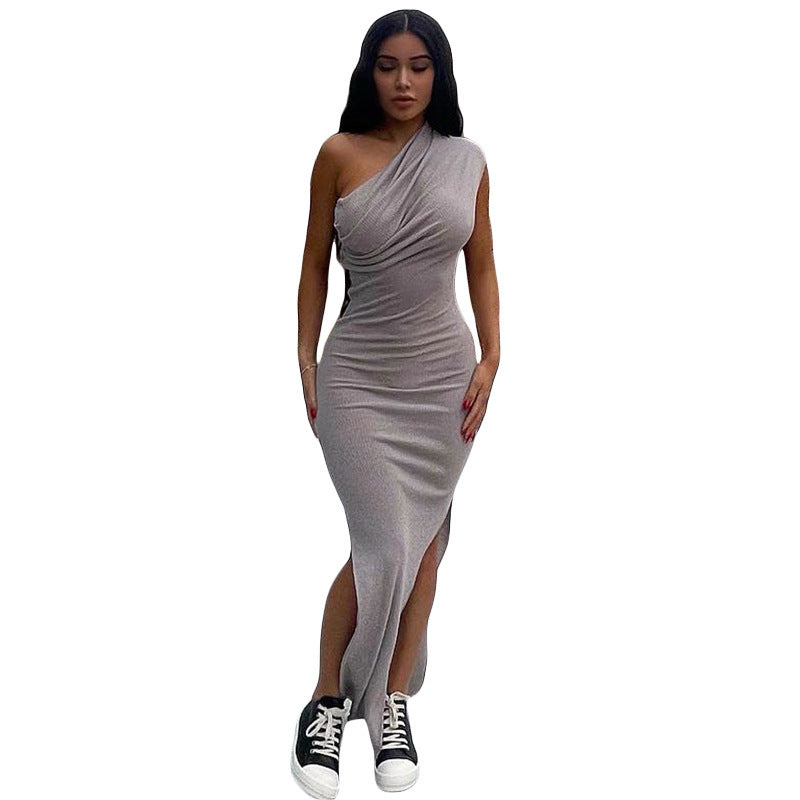 Style For The New Women's Dress Solid Color Casual Fold Oblique Shoulder Slit Slim Long Dress