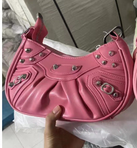 Girls Crossbody Biker Bag Spice Punk Rivet Underarm Bag Pleated Single Shoulder Crescent Bag For Girls