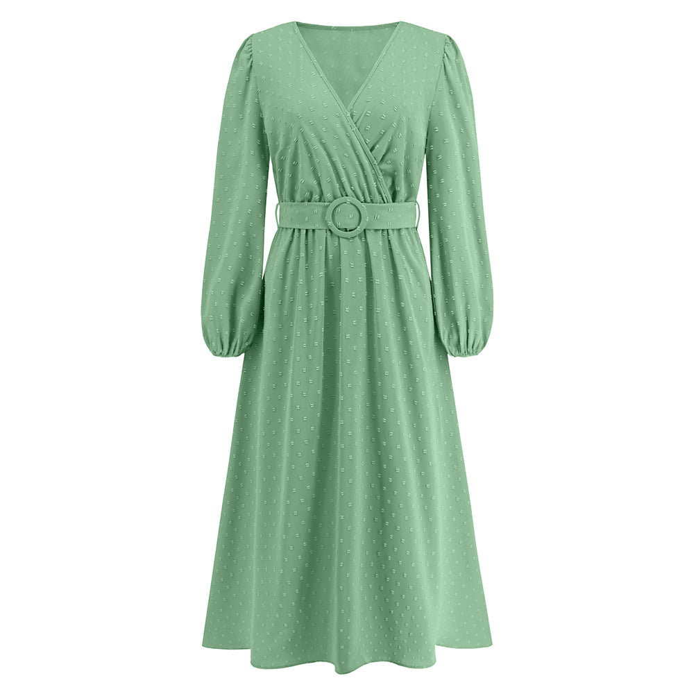 Women's Dress V-Neck Long Sleeve Jacquard Dress Autumn And Winter New Burst