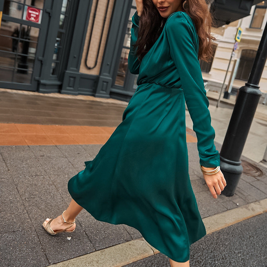 Dark Green Imitation Acetate Butyl Sexy Slit Dress New Spring Fashion Commuter Woman
