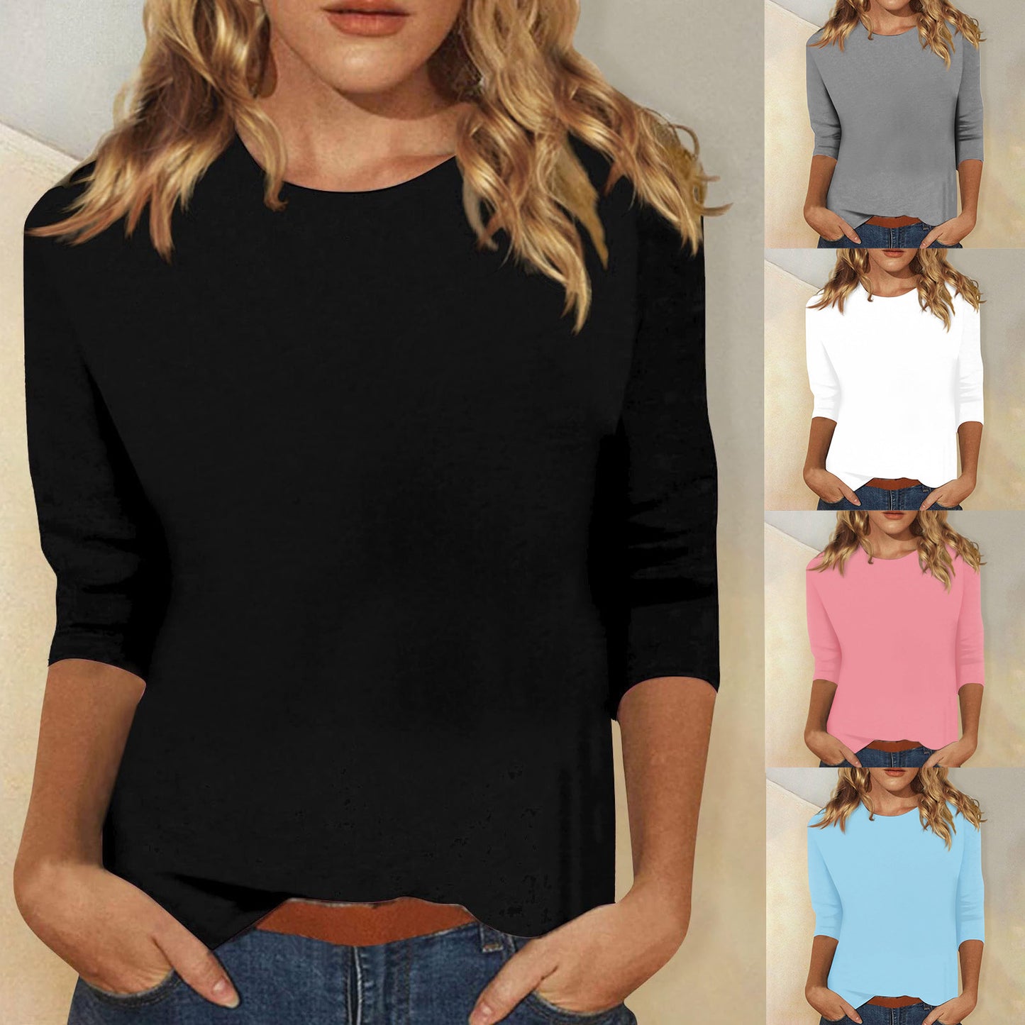 Autumn And Winter Women's Top Round Neck Seven-Point Sleeve Solid Color T-Shirt