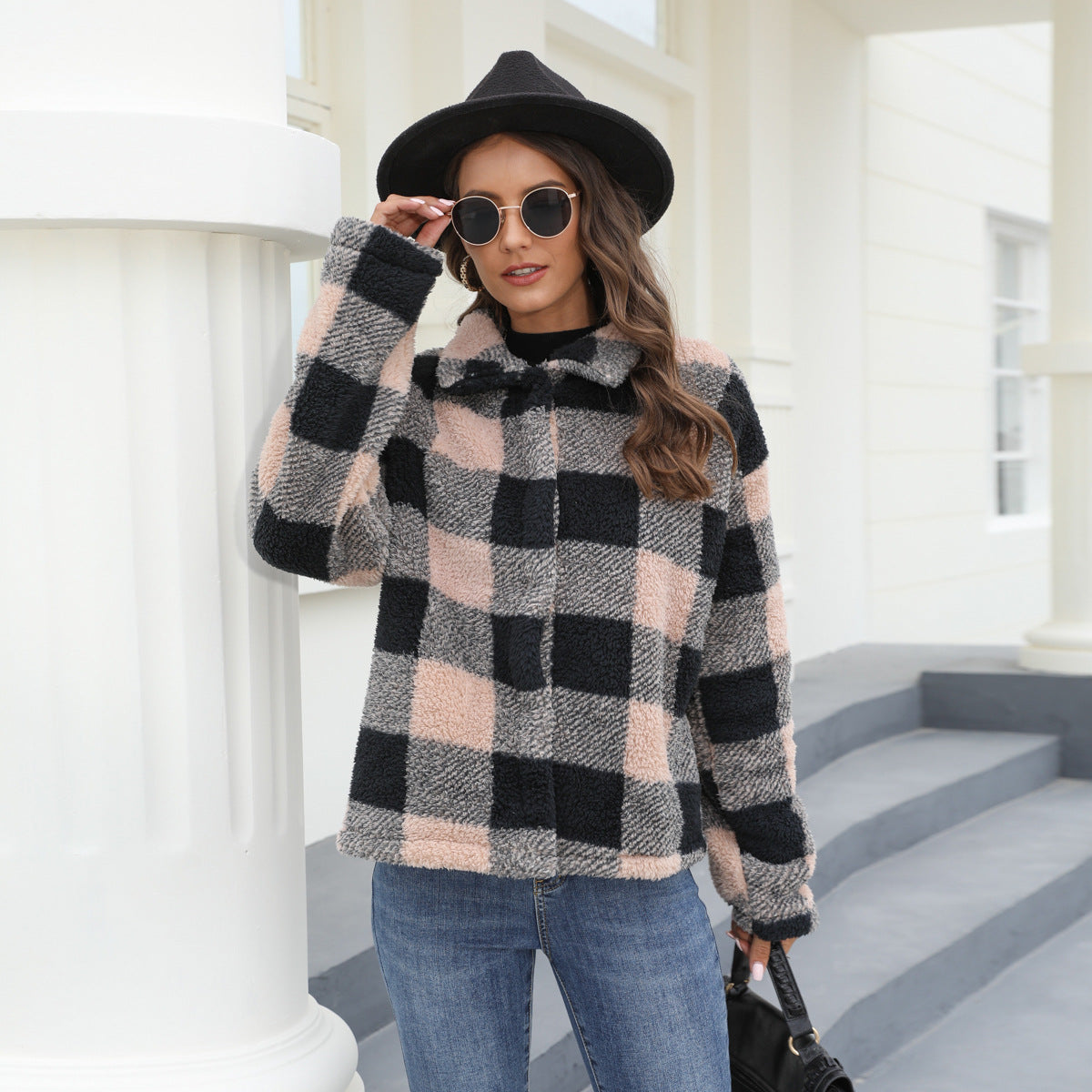 Mid-Length Autumn-Winter Button-Up Warm Coat Women's Retro Long-Sleeved Lapel Plaid Double-Sided Plush Coat