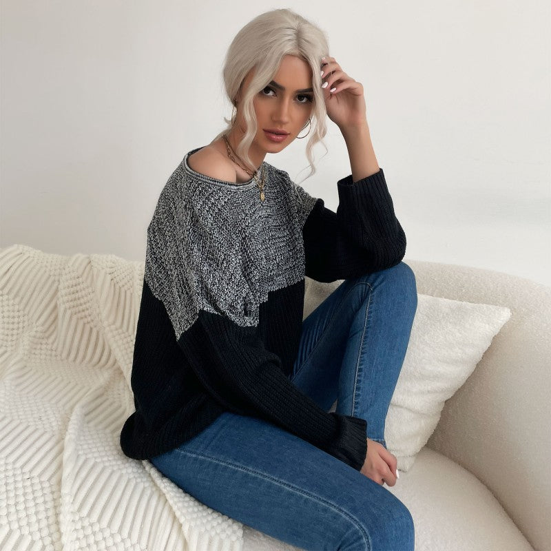 Fashion Women's Long Sleeve Color Matching Sweater Slim Autumn Winter Girl