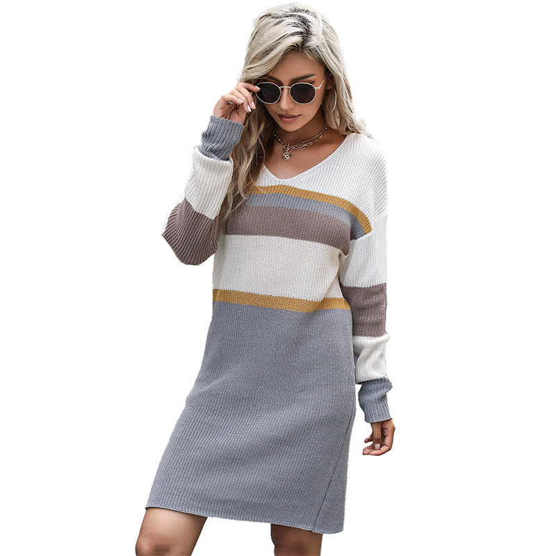 Women's Loose Long-Sleeved V-Neck Color Matching Sweater Dress for Autumn and Winter Casual Fashion