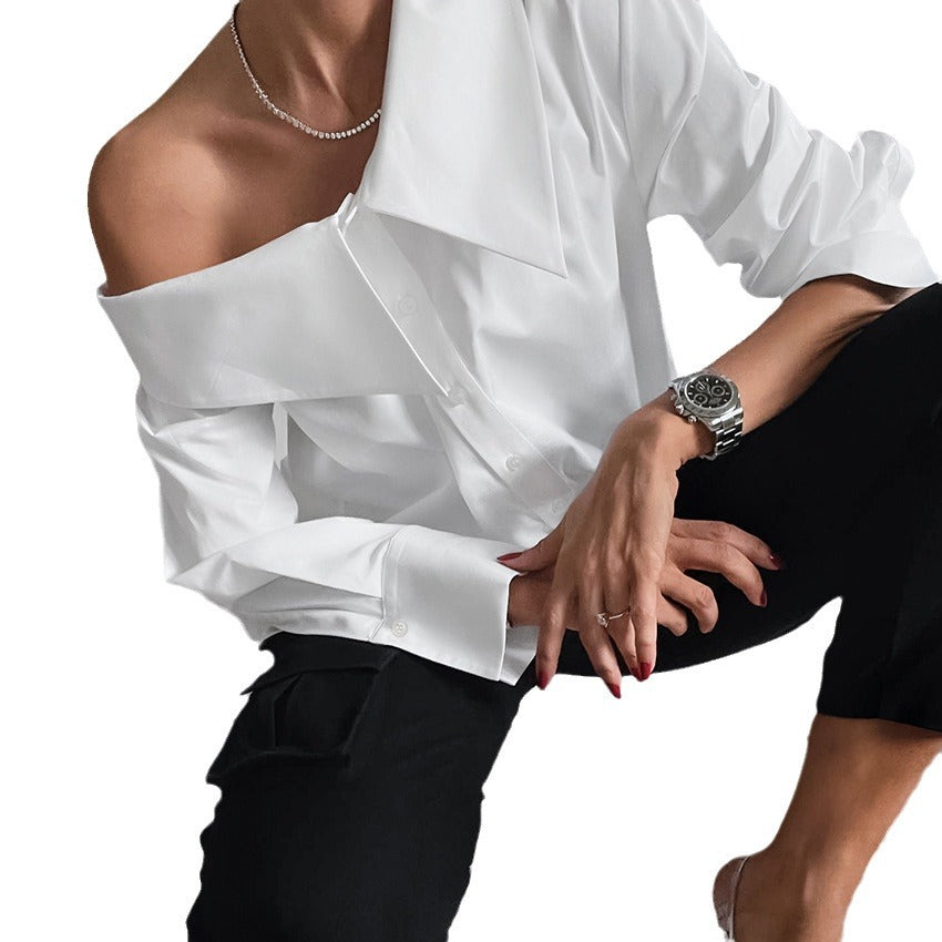 White Irregular Collar Type Sexy Off-The-Shoulder Women's Shirt New Spring Fashion Top Woman