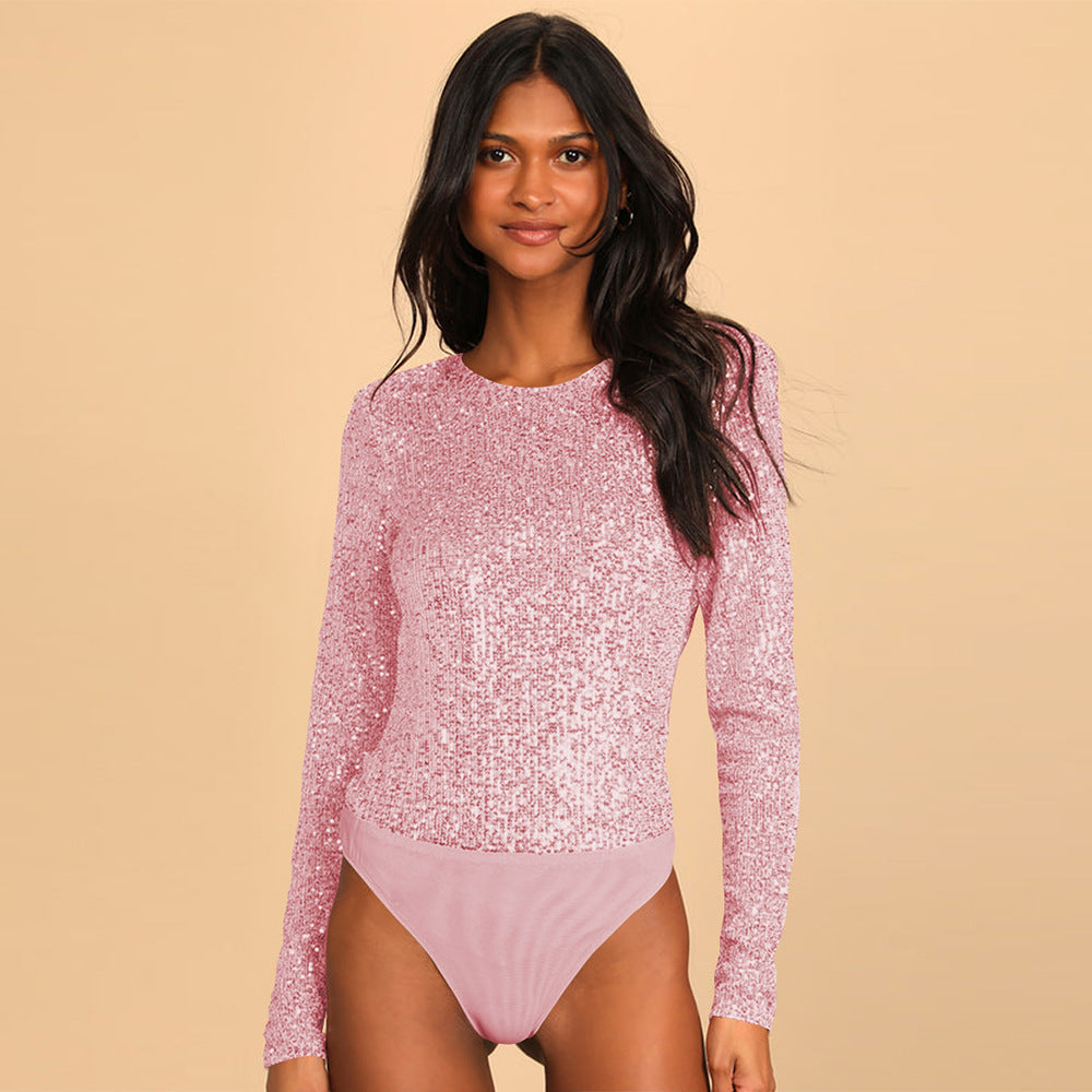 Fashion Swing Neckline Hollowed Out Women's Sequin Romper Nightclub Glitter Slim-Fit Romper Woman