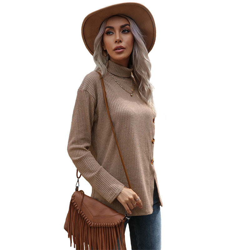 Autumn and Winter Fashion Solid Color High Neck Knit: Effortless Elegance with Long Sleeves and Asymmetrical Slit
