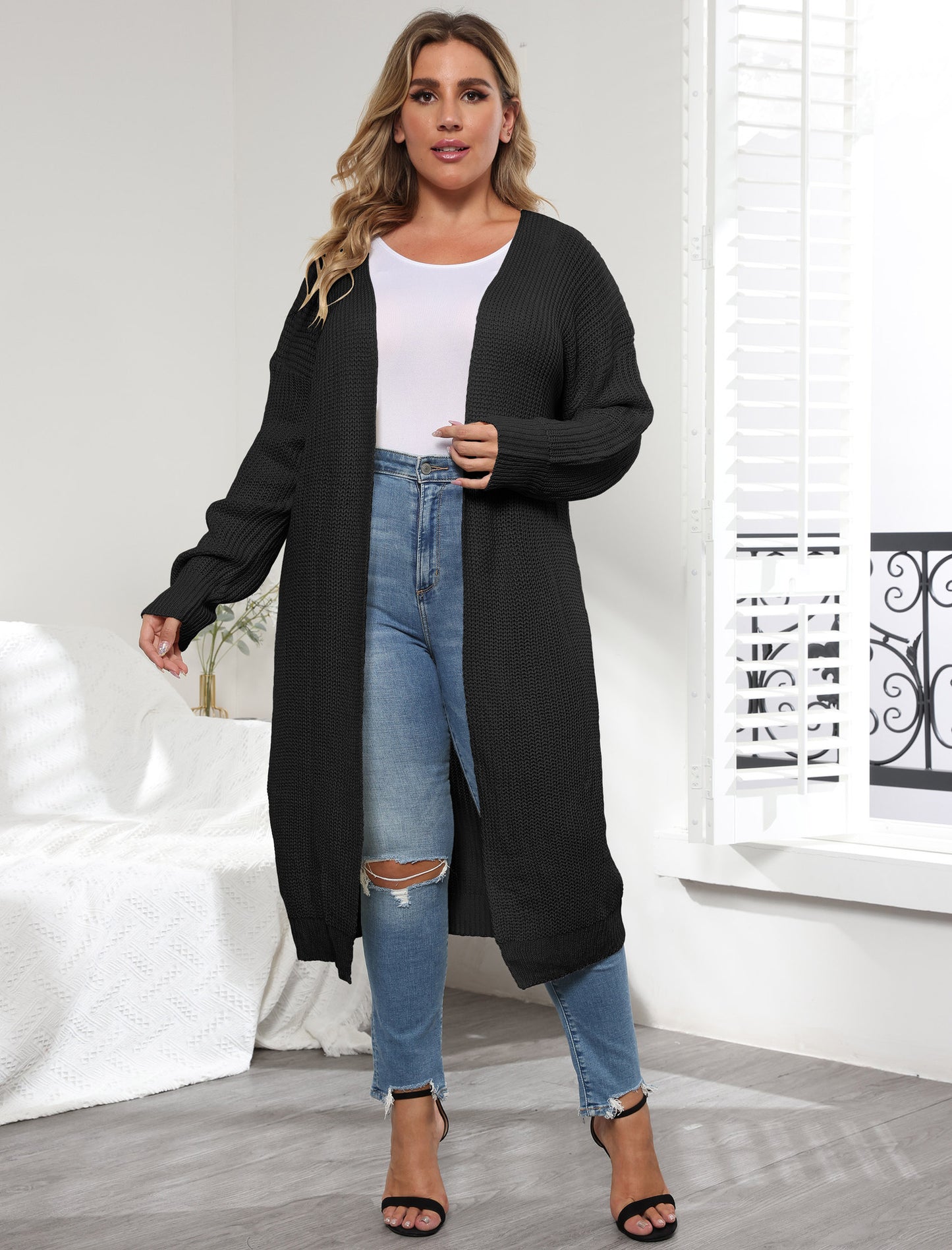 Women's Coat Simple Fashion Large Size Women's Woven Unbuttoned Mid-Long Sweater Cardigan