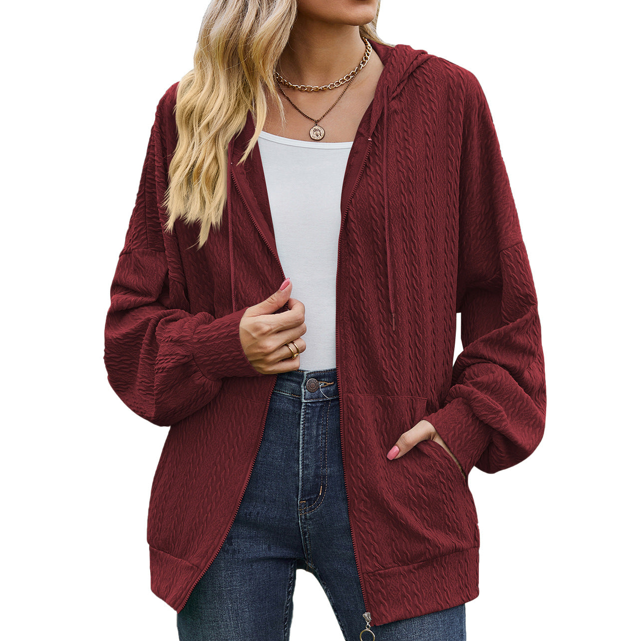 Autumn And Winter New V-Neck Zipper Solid Color Long Loose Hoodie Coat Women