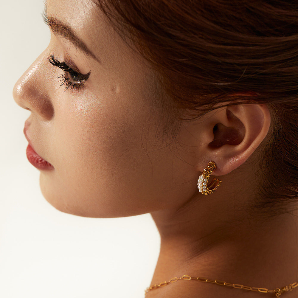 5pcs New Women's Fashion All Match Personality C-Shaped Inlaid Pearl Titanium Steel Earrings Stainless Steel Gold-Plated Earrings