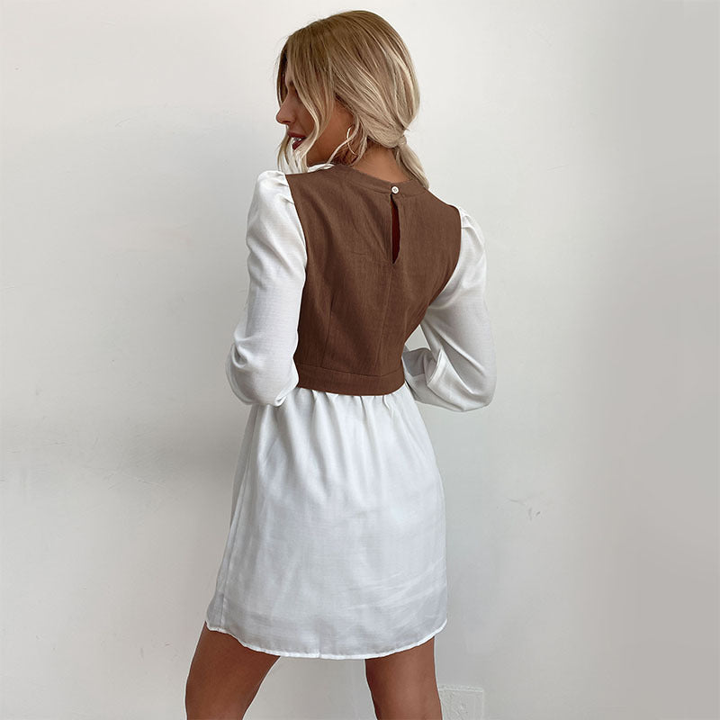 Women's Round Neck Long-Sleeved Color Patchwork Dress