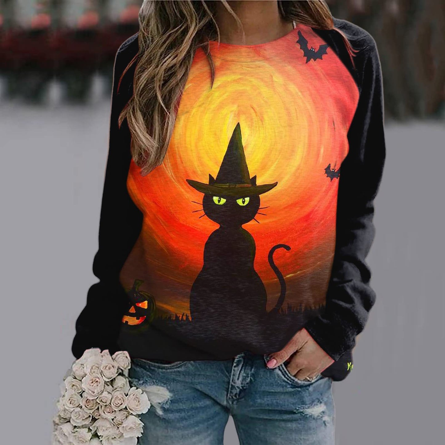 New Women's Halloween Christmas Women's Clothing 3D Three-Dimensional Printed Castle Dark Round Neck Hoodie