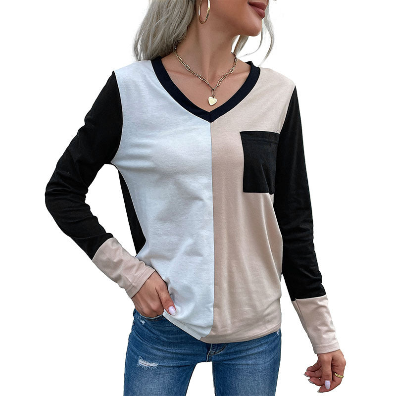 New Women's Loose Top Set Long Sleeve Stitching V-Neck T-Shirt