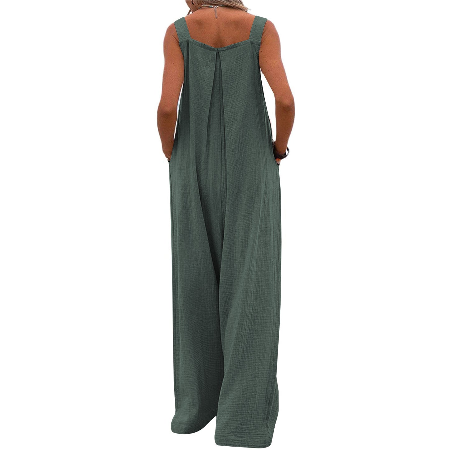 Casual Summer Romper With Loose Straps Pocket Cotton Hemp Breathable Wide Leg Pants Home Commuter Pants
