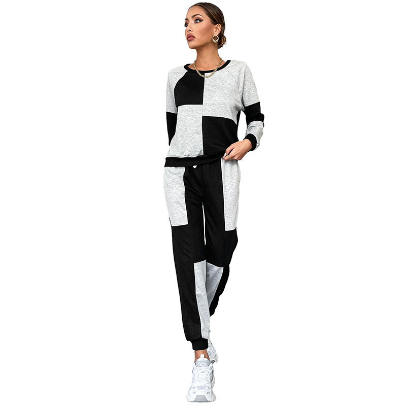 Casual Women's New Color Match Crew-Neck Hoodie Fashion Suit Female Two-Piece Set