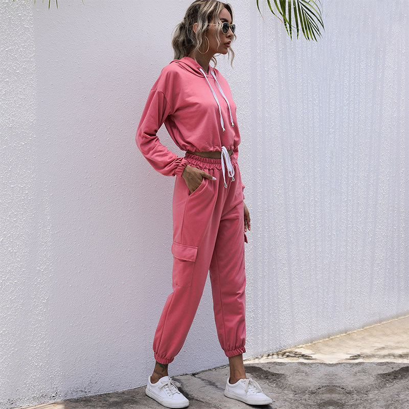 Women's Long-Sleeved Pink Crop Short Drawstring Hooded Sports Suit