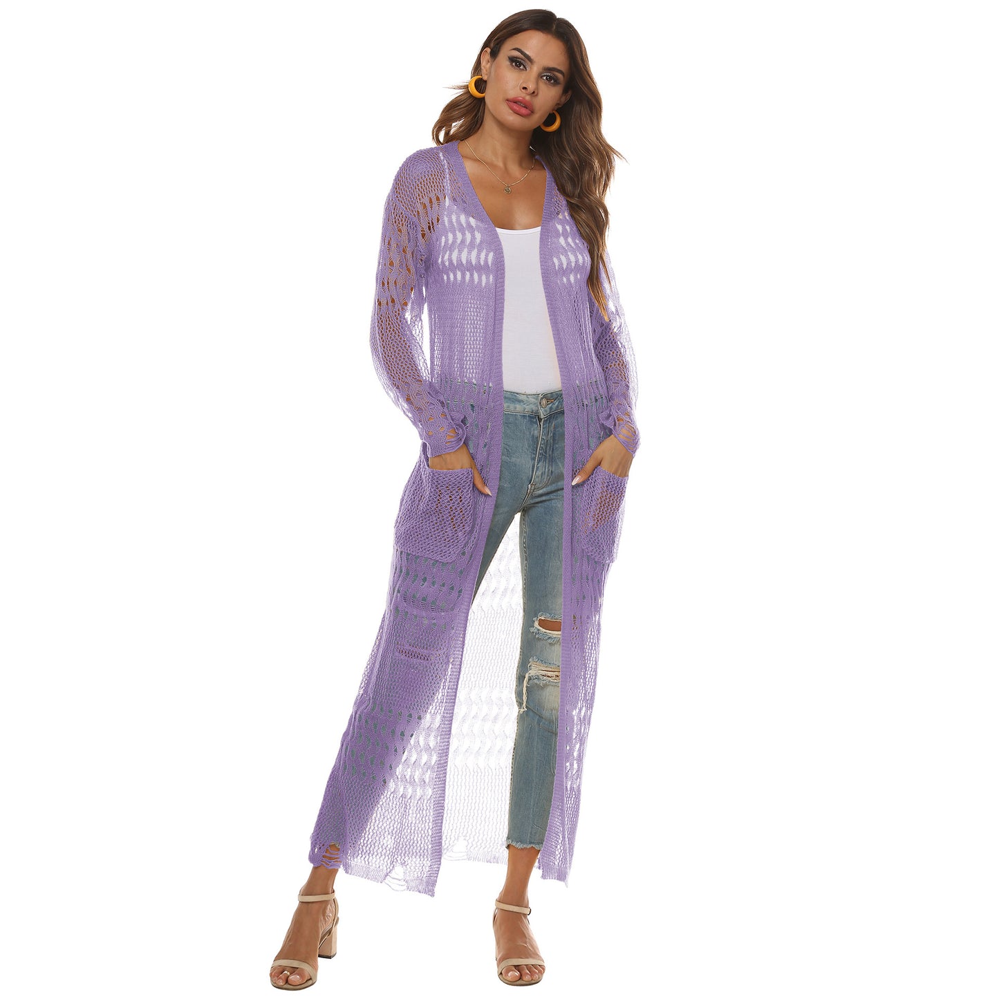 Women's Knitted Sweater Large Pocket Long Cardigan Casual Coat Multi-Color