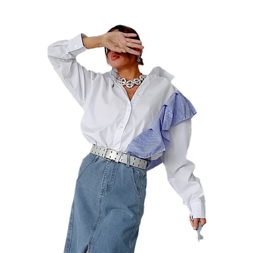 Spring Simple White Lapel Long-Sleeved Shirt With Contrasting Color Ruffled Cardigan Shirt For Women