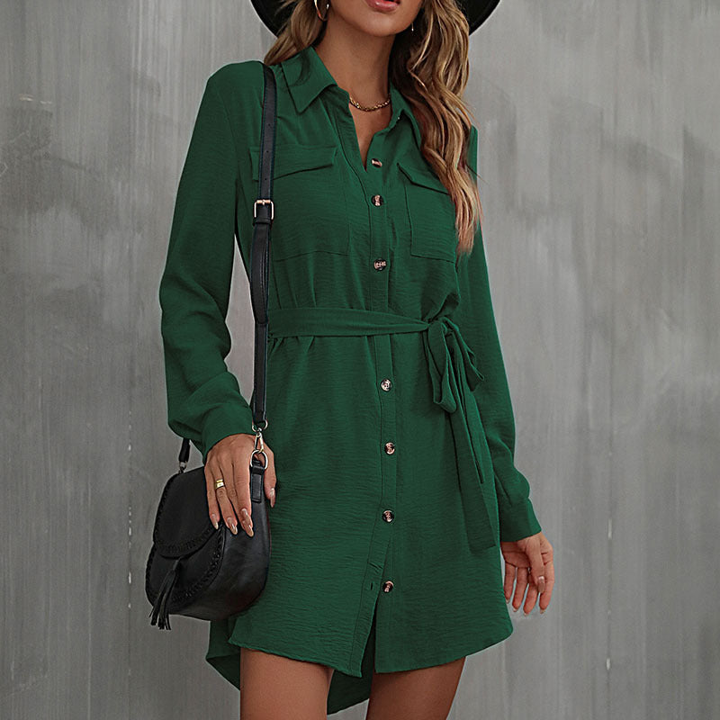 Early Autumn Fashion Dress Red Long-Sleeved Lapel Shirt Dress