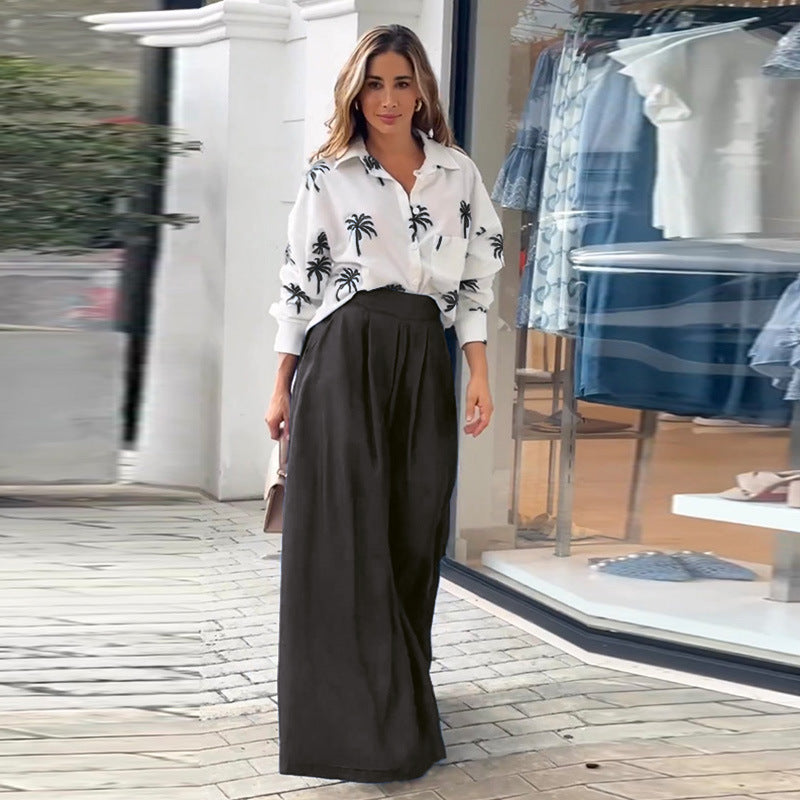Autumn And Winter New Lapel Print Top Wide Leg Pants Fashion Suit Woman