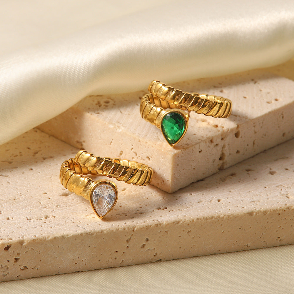 5pcs New Titanium Steel Love Ring 18K Gold Irregular Inlaid White Green Drop Zircon Open Ring