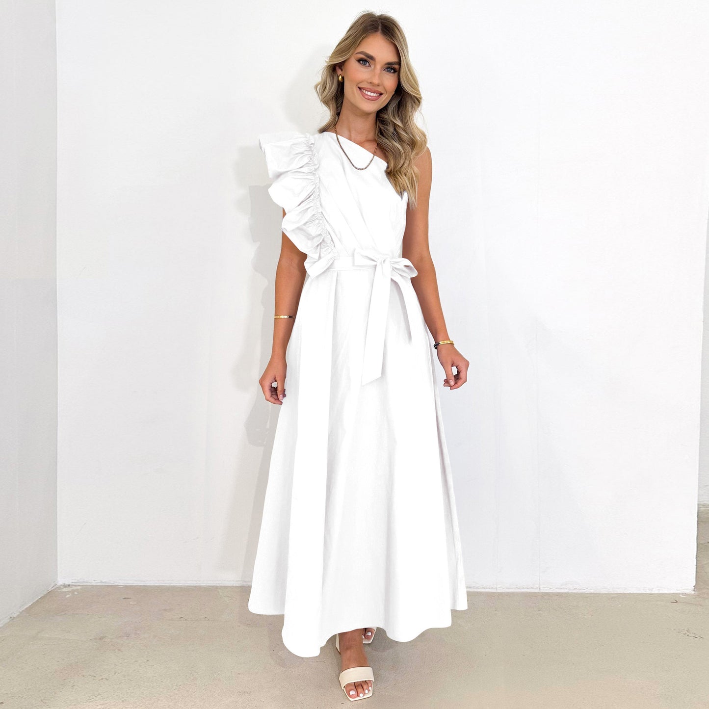 Women's Evening Gown One-Shoulder Lace-Up Dress Wooden Ear Fringe Bridesmaid Dress Toast Dress