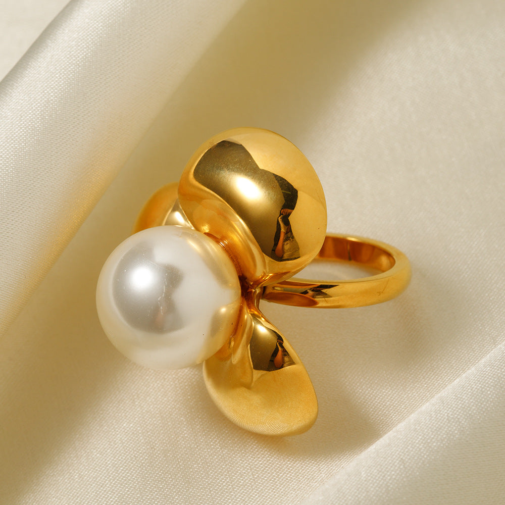 5pcs 18K Gold Stainless Steel Three Petal Flower Set Ring No. 7 Sculpture Flower