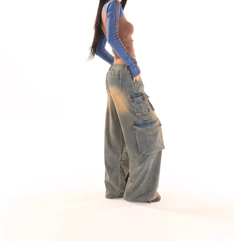 Retro Blue Low-Rise Jeans Women's Fall Y2K Baggy Wide-Leg Pants