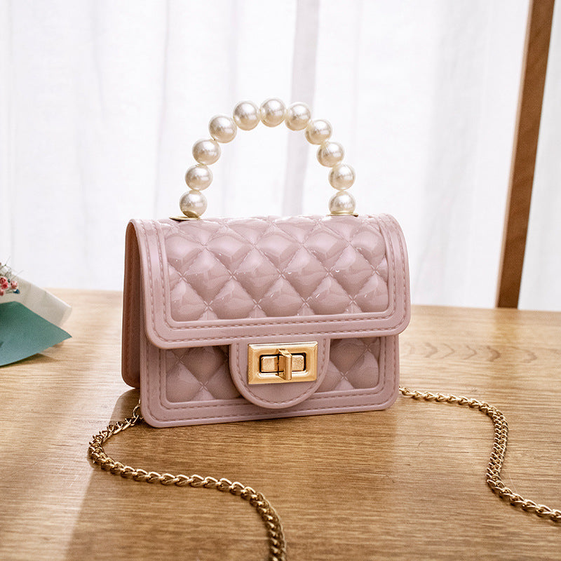 New Beaded Jelly Bag Mini Bright Face Jelly Bag Diamond Lattice Chain Bag Pearl Handbag Women's Bag