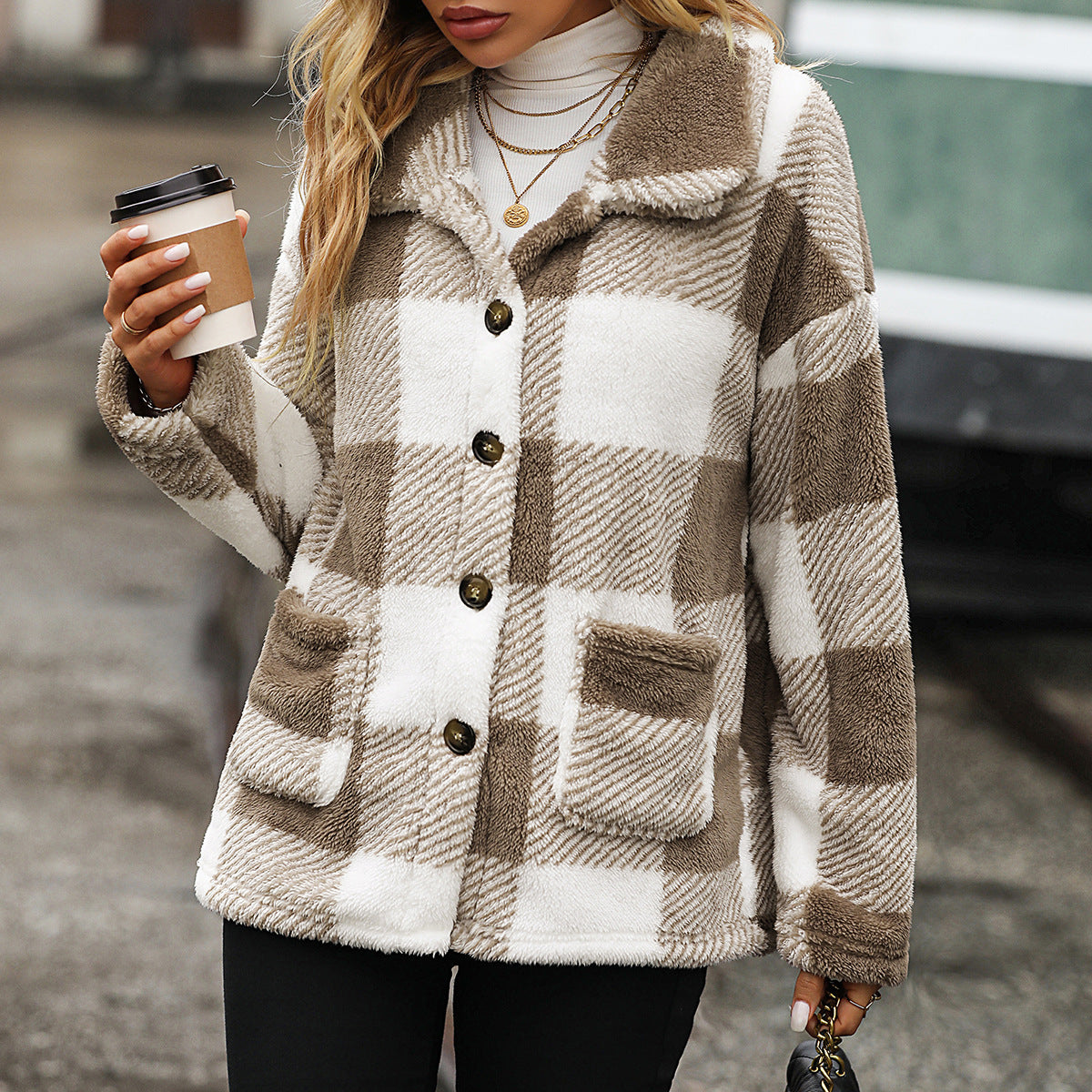 Glitter Fashion Autumn And Winter Women's Wear Lapel Long-Sleeved Mid-Long Plaid Single-Breasted Double-Sided Velvet Casual Coat