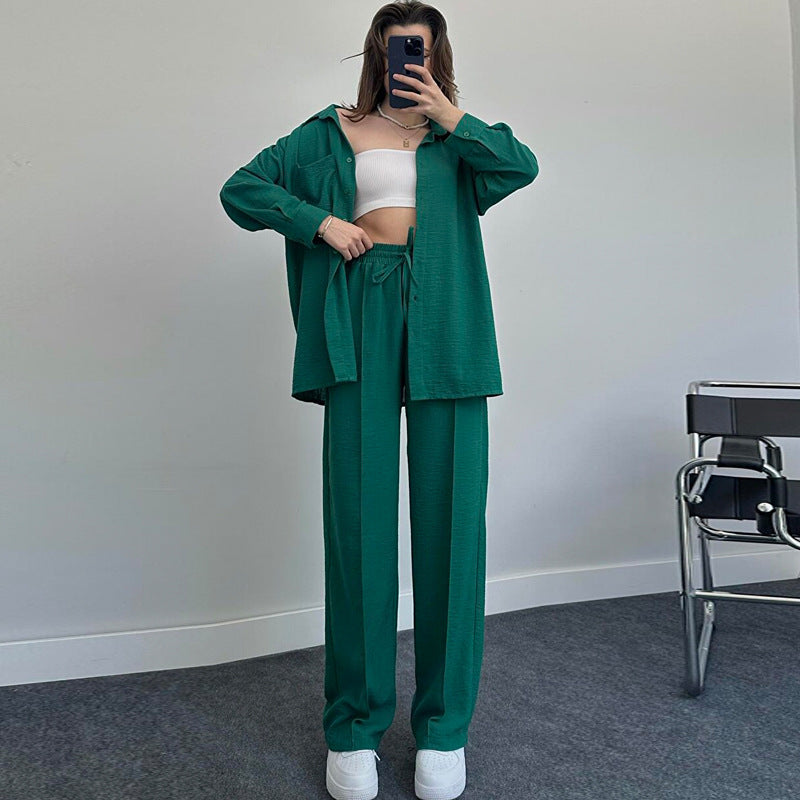 Women's Autumn And Winter Long-Sleeved Shirt Folds Elastic Waist Trousers Elegant Two-Piece Set New