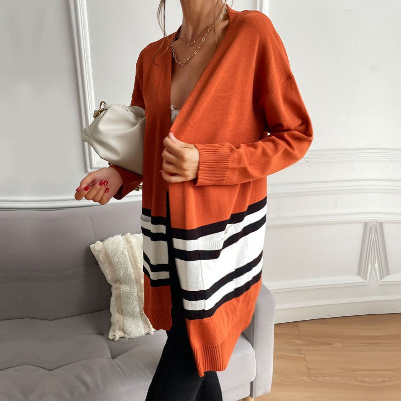 Autumn Fashion Women's Long-Sleeved Color Matching Long Sweater Cardigan