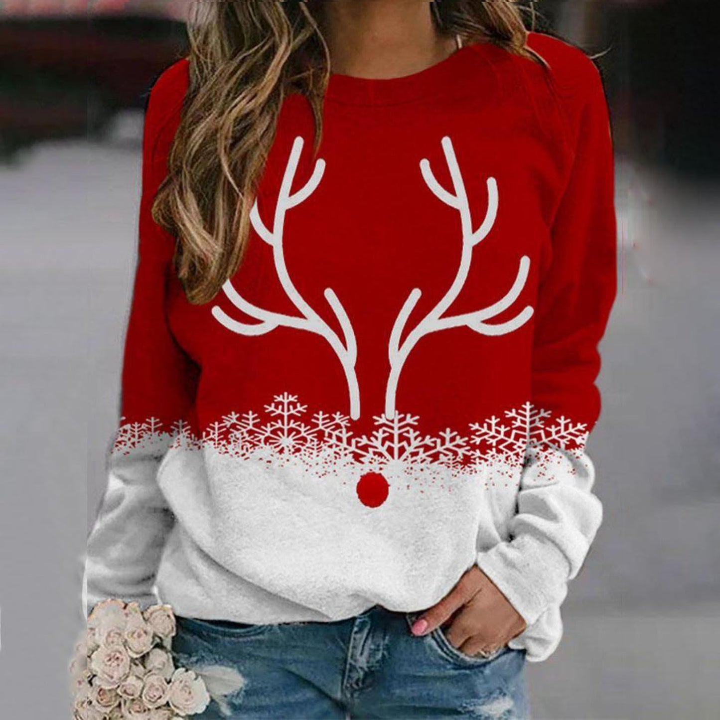 Autumn Winter Snow Christmas Deer Printed Round Neck Street Hipster Pullover Hoodie