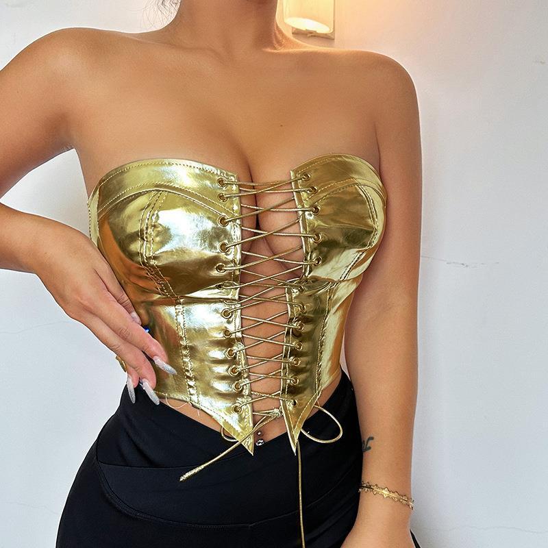Summer New Fashion People All Fit Bright Leather Strap Girded Waist Spice Girl With Chest Vest Woman