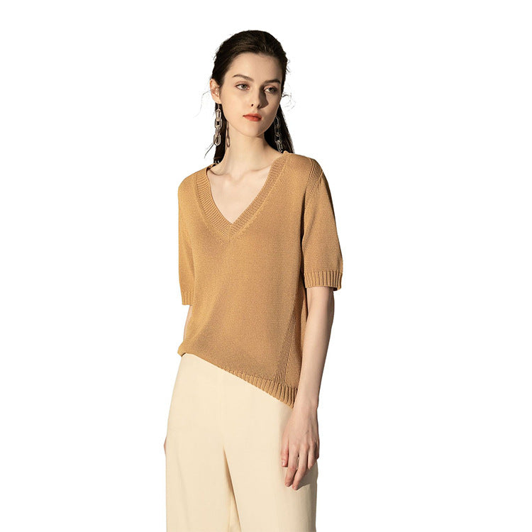 Silver Knit Women Spring Summer New Women's Solid Color V-Neck Set Loose Sweater Women's Mid-Sleeve Women's Wear