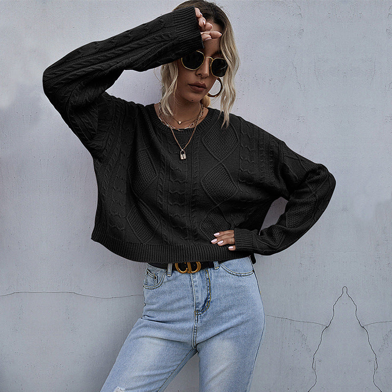 Solid Color Knitted Long Sleeve Twist Sen Short Bottom Sweater
