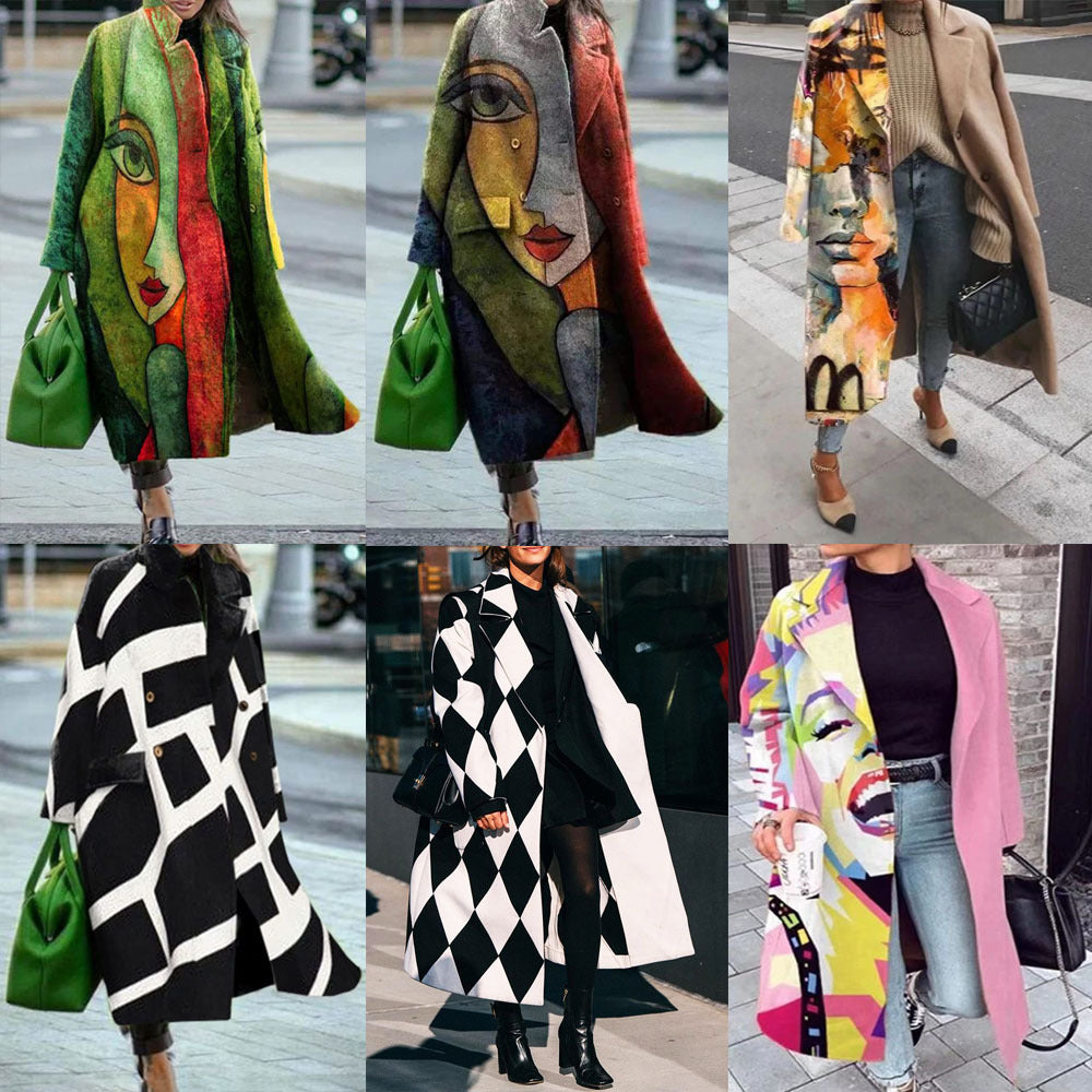 New Autumn Women's Long Sleeve Lapel Coat Printed Wool Long Coat