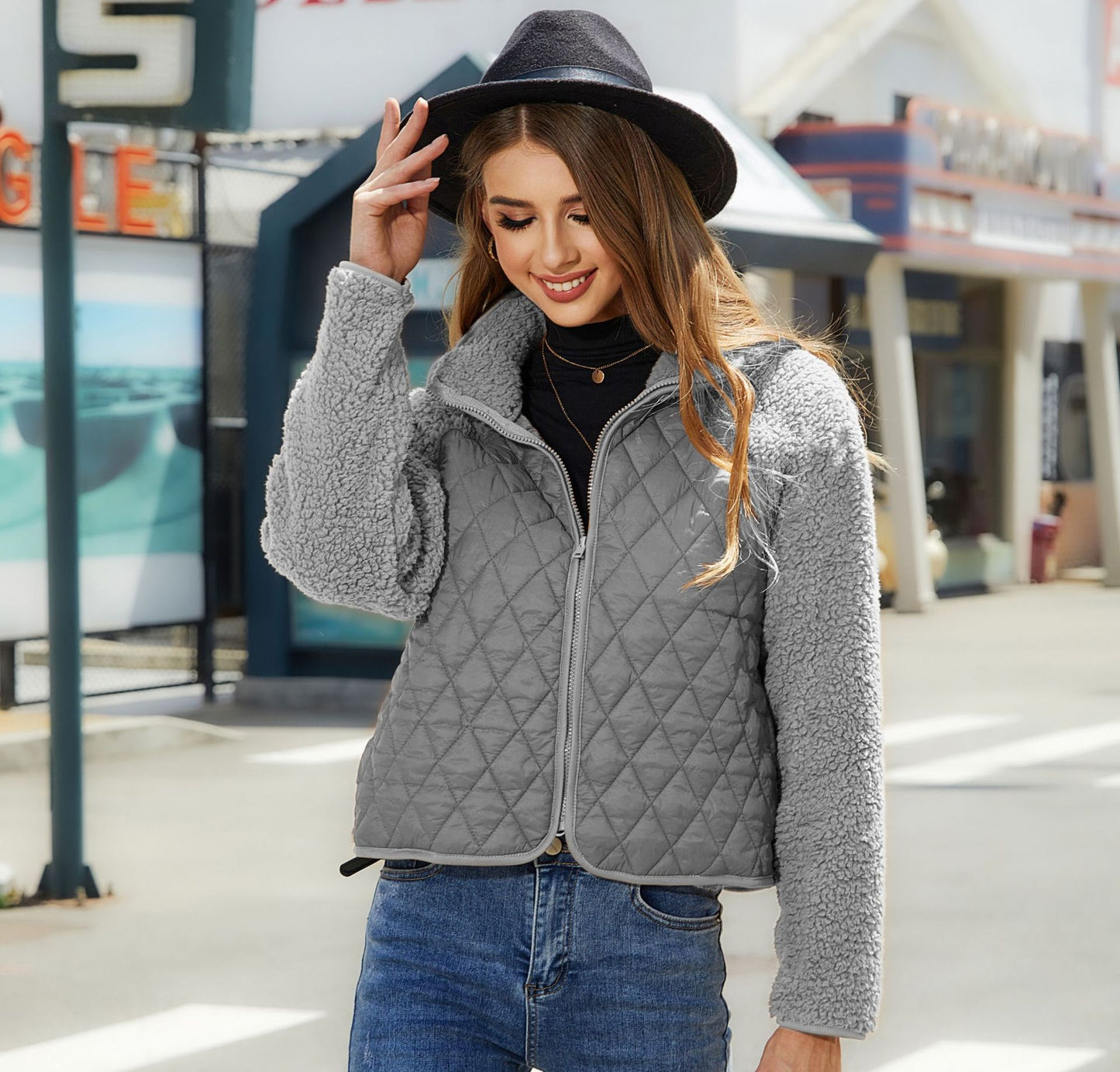 Glitter New Autumn And Winter Women's Cardigan Zipper Long Sleeve Plush Splicing Coat Women