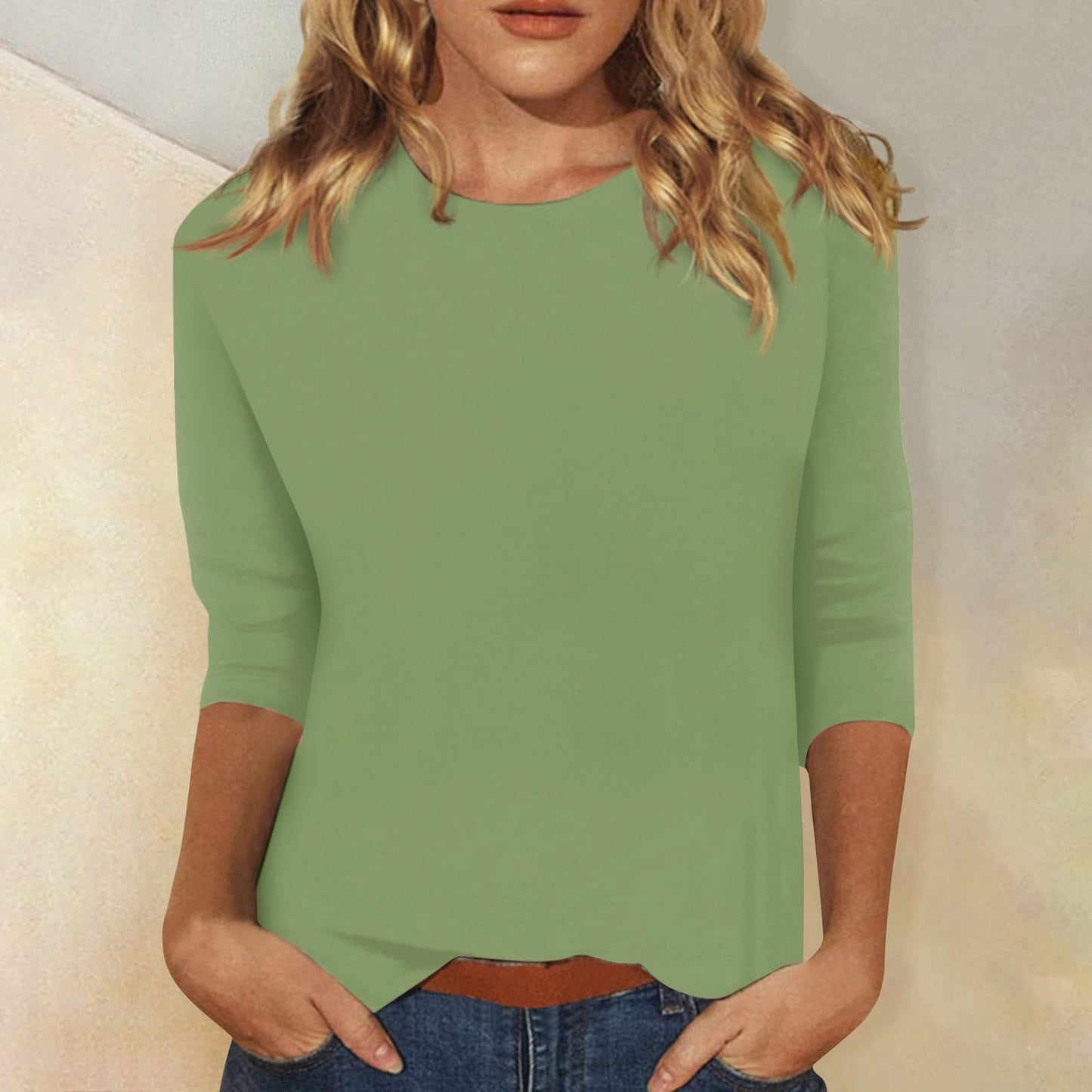 Autumn And Winter Women's Top Round Neck Seven-Point Sleeve Solid Color T-Shirt