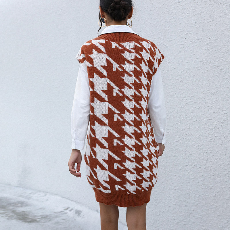 Fashion Women's Casual Long-Sleeved Thousand Bird Lattice Autumn And Winter Sweater Dress Wear