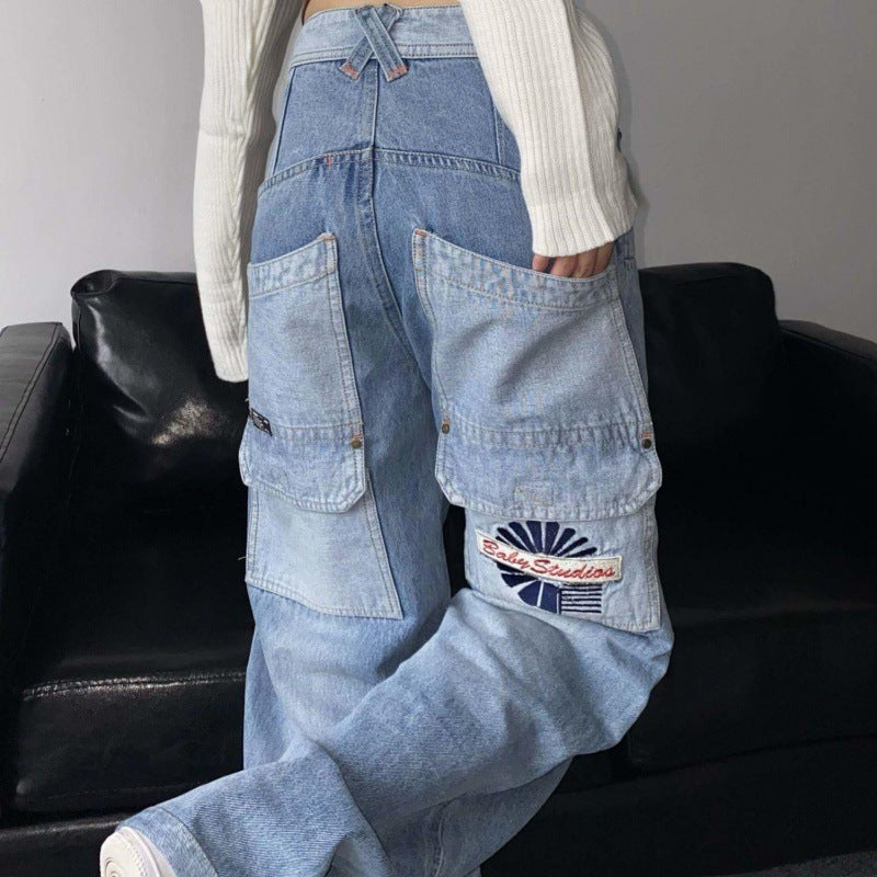 Vintage Pocket Wash Denim Couple Loose Matching Jeans