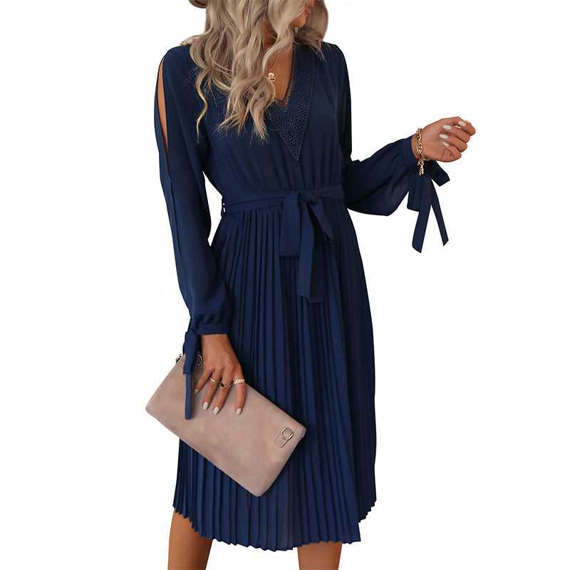 New Autumn And Winter New Design Sense Of Women Solid Color Hollow Long-Sleeve Dress
