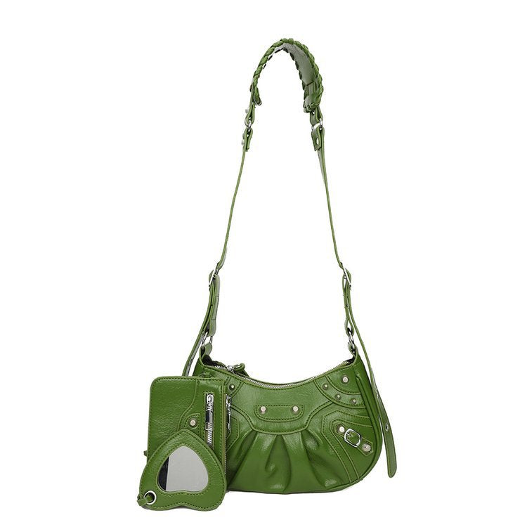 New Underarm Bag Female Retro Rivet Motorcycle Bag Fold Moon Tooth Mother Single Shoulder Crossbody Bag Female